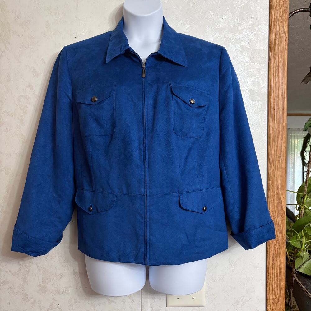 Evan-Picone Cobalt Blue Faux-Suede Zip-Front Utility Jacket Blazer Career 20W